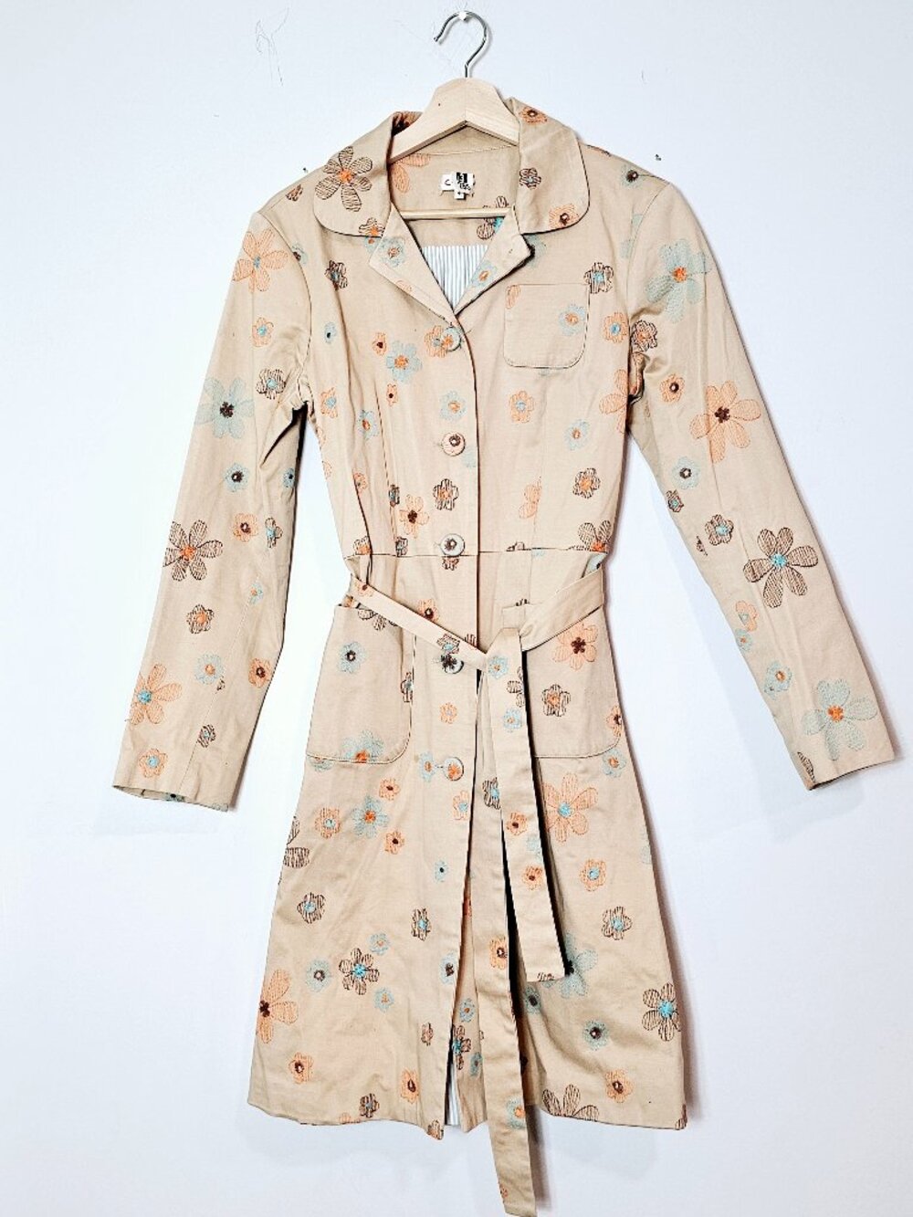 Vintage USA C Ruth Whimsical Embroidered Flower Power Belted Trench Coat Size 4